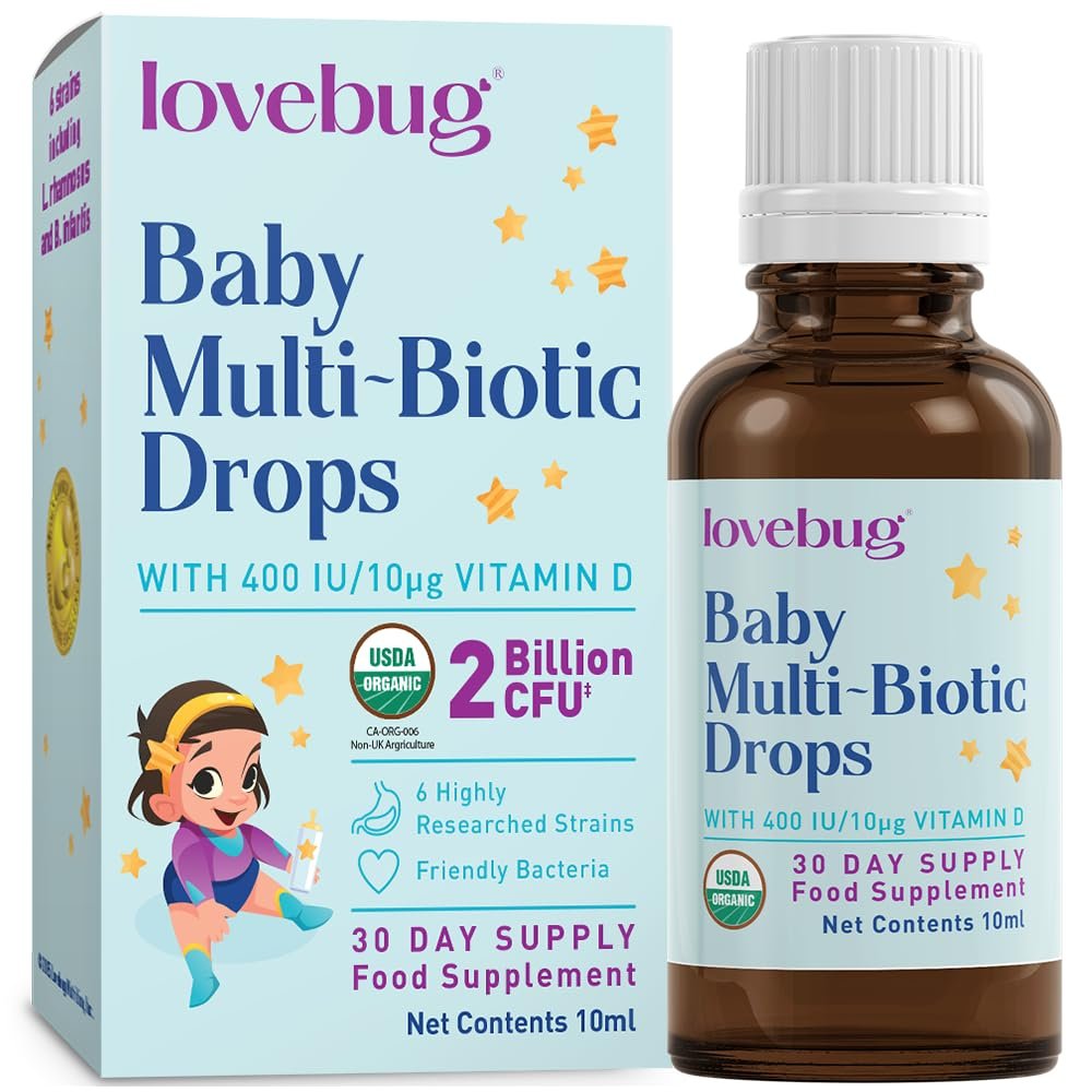 Lovebug Baby Probiotic Drops  2 Billion CFU Multi-Strain Formula with Vitamin D (400 IU) - Tasteless & Sugar-Free Liquid Drops for Newborns, Babies and Infants (0-24 Months) - 30 Day Supply