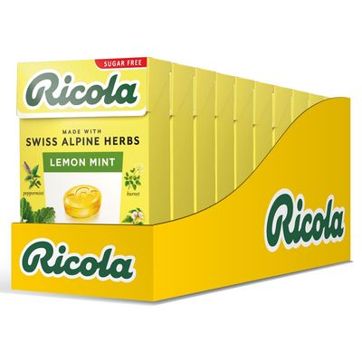 Ricola Lemon Mint Sugar Free Swiss Herbal Sweets, Herb Drops, Sweet Box 45g - Pack of 10 Boxes