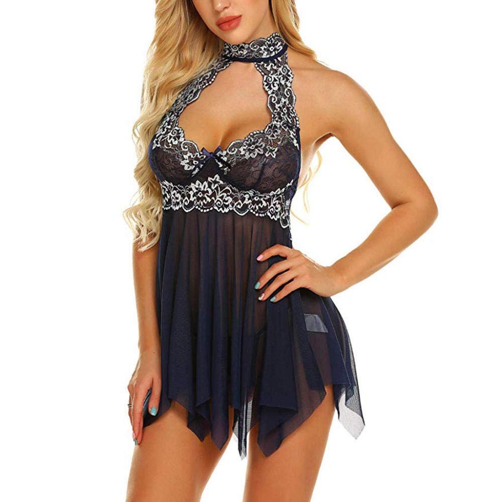 Sexy Nightwear for Women Sleepwear Large Size Night Dress Lingerie Lace Gauze Halter Night Wear Sexy Nightwear Night Gown-Blue_M