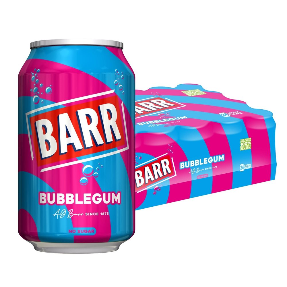 BARR 24 Pack Blue Bubblegum Zero No Sugar Flavoured Fizzy Drink, Sparkling Fizzy Pop, 24 x 330ml Cans