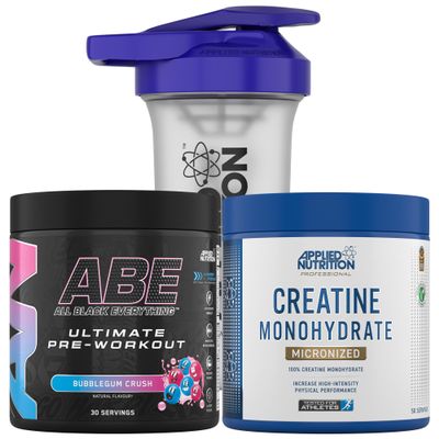 Applied Nutrition Bundle ABE Pre Workout 375g + Creatine 250g + 700ml Protein Shaker | All Black Everything Pre Workout Powder, Energy & Performance with Creatine, Beta Alanine (Bubblegum Crush)