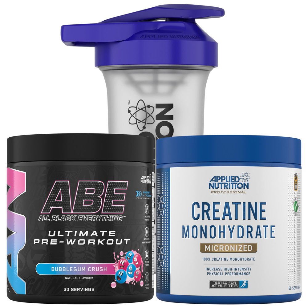 Applied Nutrition Bundle ABE Pre Workout 375g + Creatine 250g + 700ml Protein Shaker | All Black Everything Pre Workout Powder, Energy & Performance with Creatine, Beta Alanine (Bubblegum Crush)