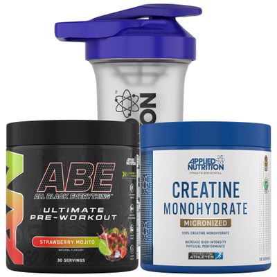 Applied Nutrition Bundle ABE Pre Workout 375g + Creatine 250g + 700ml Protein Shaker | All Black Everything Pre Workout Powder, Energy & Performance with Creatine, Beta Alanine (Strawberry Mojito)