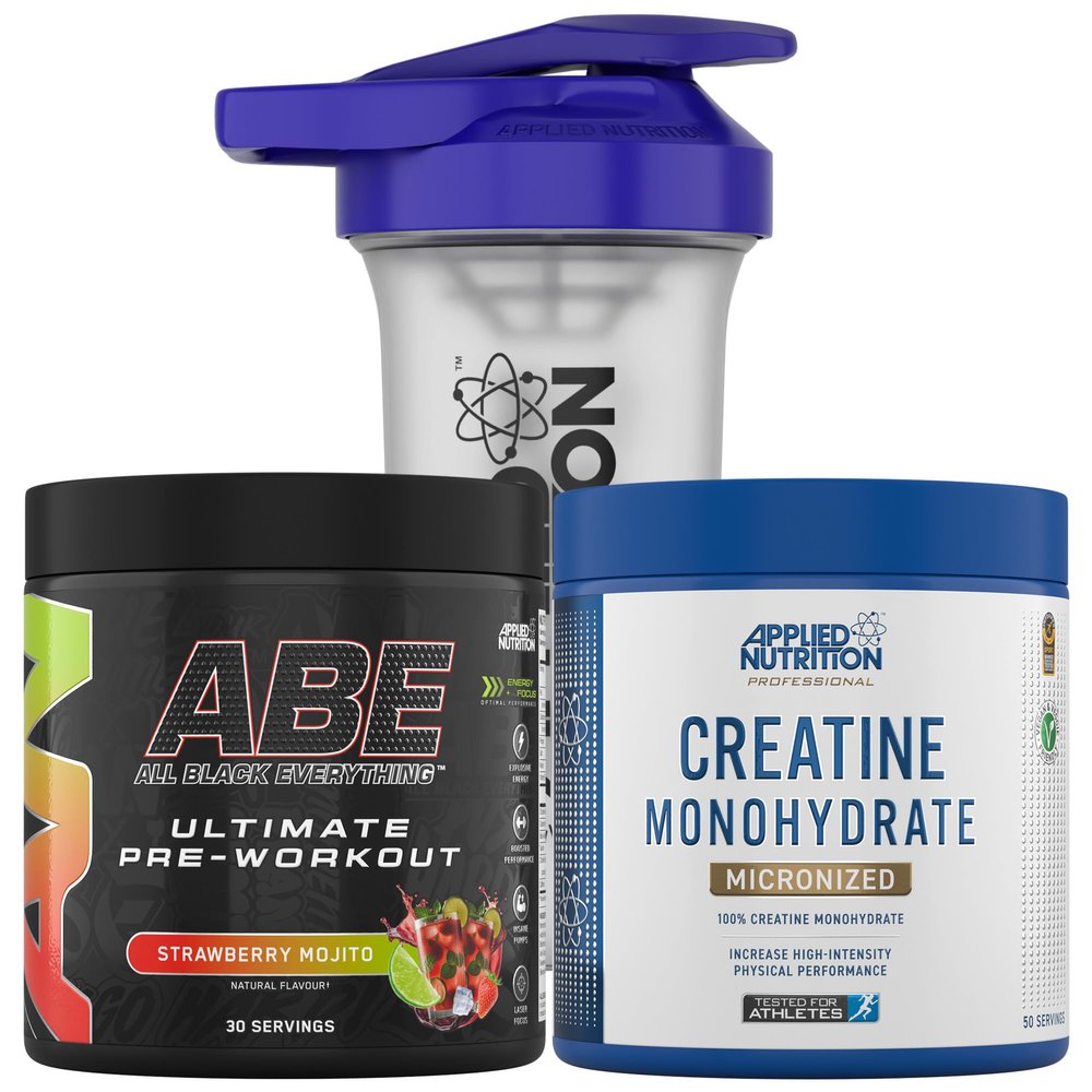 Applied Nutrition Bundle ABE Pre Workout 375g + Creatine 250g + 700ml Protein Shaker | All Black Everything Pre Workout Powder, Energy & Performance with Creatine, Beta Alanine (Strawberry Mojito)