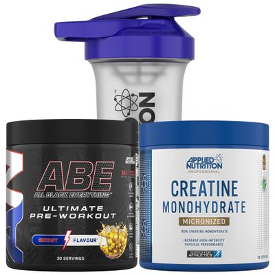 Applied Nutrition Bundle ABE Pre Workout 375g + Creatine 250g + 700ml Protein Shaker | All Black Everything Pre Workout Powder, Energy & Performance with Creatine, Beta Alanine (Energy Flavour)