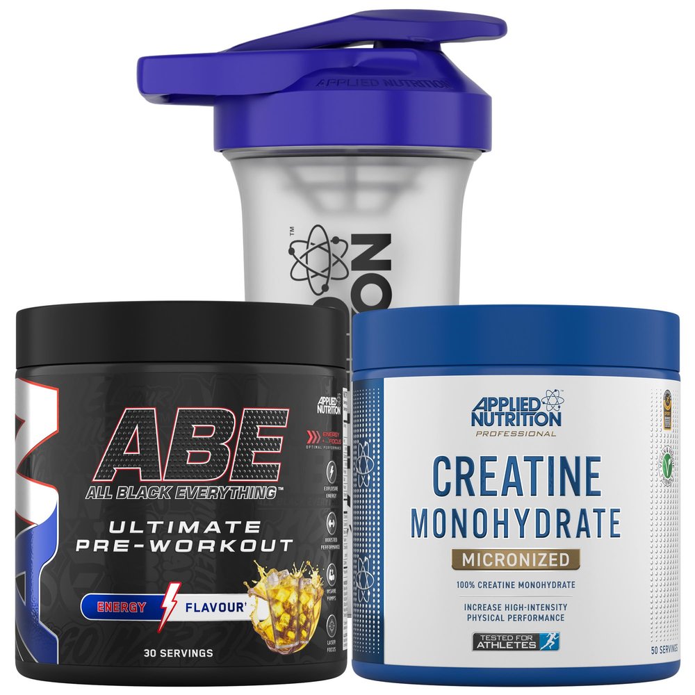 Applied Nutrition Bundle ABE Pre Workout 375g + Creatine 250g + 700ml Protein Shaker | All Black Everything Pre Workout Powder, Energy & Performance with Creatine, Beta Alanine (Energy Flavour)
