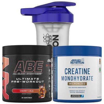 Applied Nutrition Bundle ABE Pre Workout 375g + Creatine 250g + 700ml Protein Shaker | All Black Everything Pre Workout Powder, Energy & Performance with Creatine, Beta Alanine (Cherry Cola)