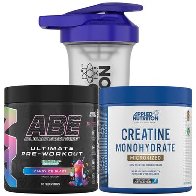 Applied Nutrition Bundle ABE Pre Workout 375g + Creatine 250g + 700ml Protein Shaker | All Black Everything Pre Workout Powder, Energy & Performance with Creatine, Beta Alanine (Candy Ice Blast)