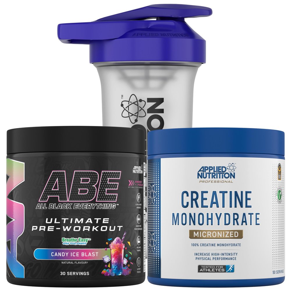 Applied Nutrition Bundle ABE Pre Workout 375g + Creatine 250g + 700ml Protein Shaker | All Black Everything Pre Workout Powder, Energy & Performance with Creatine, Beta Alanine (Candy Ice Blast)