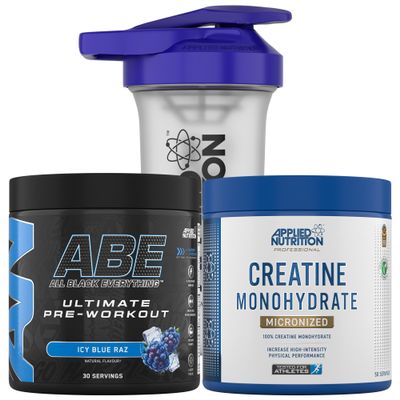 Applied Nutrition Bundle ABE Pre Workout 375g + Creatine 250g + 700ml Protein Shaker | All Black Everything Pre Workout Powder, Energy & Performance with Creatine, Beta Alanine (ICY Blue Raz)