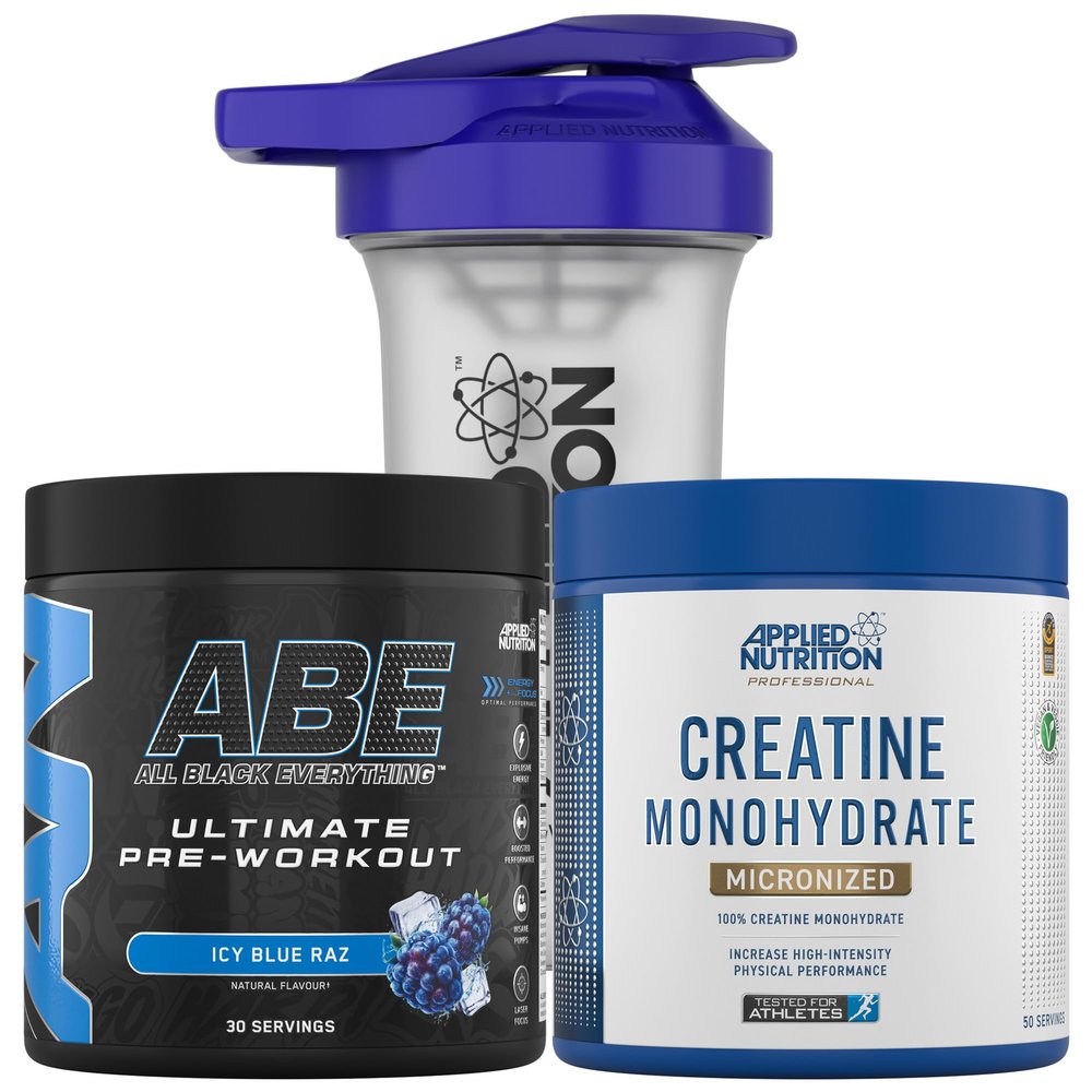 Applied Nutrition Bundle ABE Pre Workout 375g + Creatine 250g + 700ml Protein Shaker | All Black Everything Pre Workout Powder, Energy & Performance with Creatine, Beta Alanine (ICY Blue Raz)