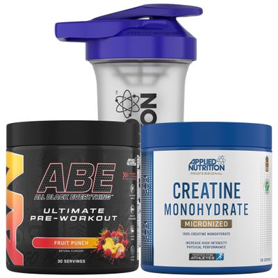 Applied Nutrition Bundle ABE Pre Workout 375g + Creatine 250g + 700ml Protein Shaker | All Black Everything Pre Workout Powder, Energy & Performance with Creatine, Beta Alanine (Fruit Punch)