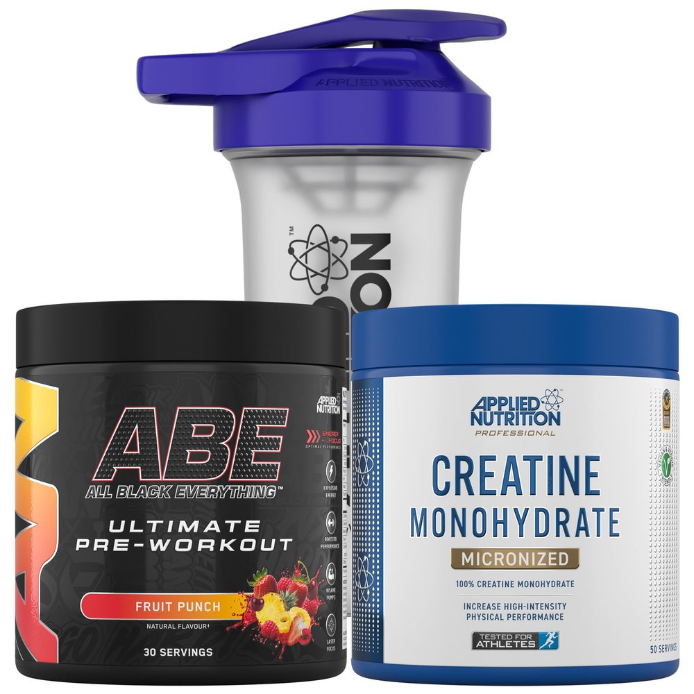 Applied Nutrition Bundle ABE Pre Workout 375g + Creatine 250g + 700ml Protein Shaker | All Black Everything Pre Workout Powder, Energy & Performance with Creatine, Beta Alanine (Fruit Punch)