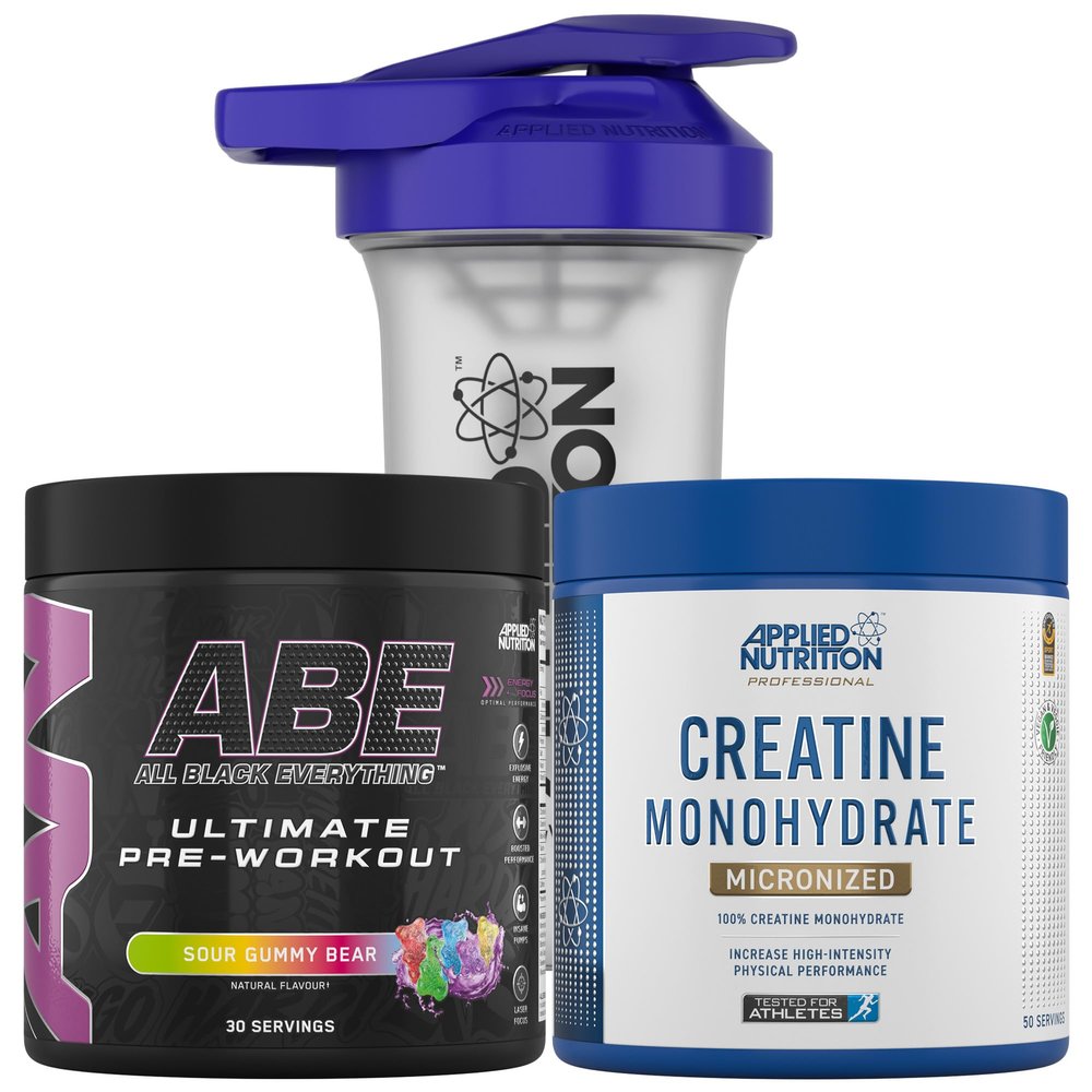 Applied Nutrition Bundle ABE Pre Workout 375g + Creatine 250g + 700ml Protein Shaker | All Black Everything Pre Workout Powder, Energy & Performance with Creatine, Beta Alanine (Sour Gummy Bear)