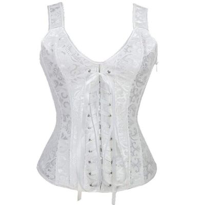 KHDFYER Sexy Lingerie for Men Steampunk Corset Satin Jacquard Sexy Shoulder Straps Zipper Side Overbust Waist Trainer Bustier Corsets Plus Size-White_M