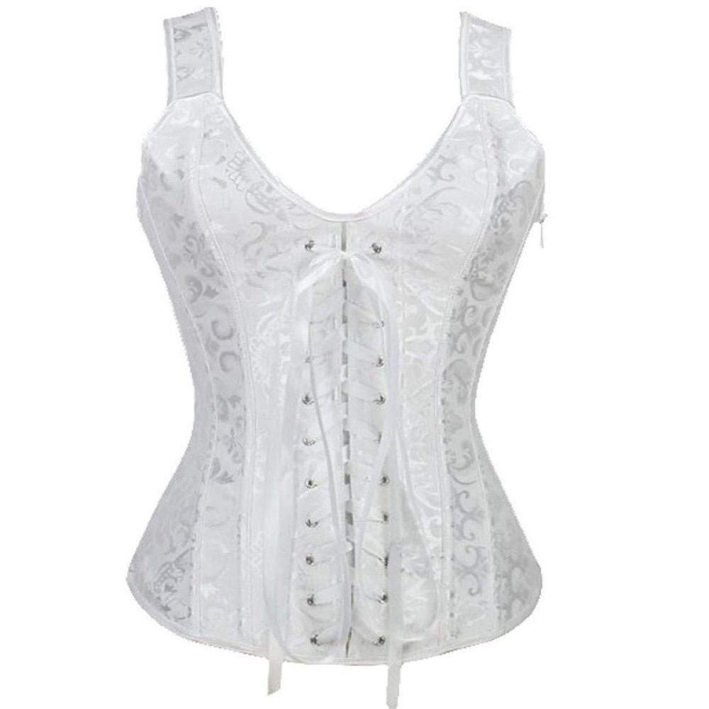 KHDFYER Sexy Lingerie for Men Steampunk Corset Satin Jacquard Sexy Shoulder Straps Zipper Side Overbust Waist Trainer Bustier Corsets Plus Size-White_M
