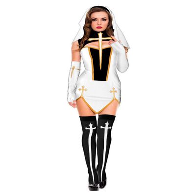 KHDFYER Women Lingerie Sexy Black White Sexy Nun Sister Costume Virgin Mary Nuns Costumes Adult Women Halloween Cosplay Party Dress+Hood+Gloves+Stockings-White_XXL