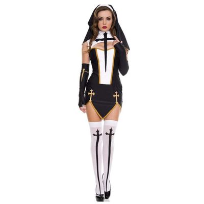 KHDFYER Step One Underwear Black White Sexy Nun Sister Costume Virgin Mary Nuns Costumes Adult Women Halloween Cosplay Party Dress+Hood+Gloves+Stockings-Black_L