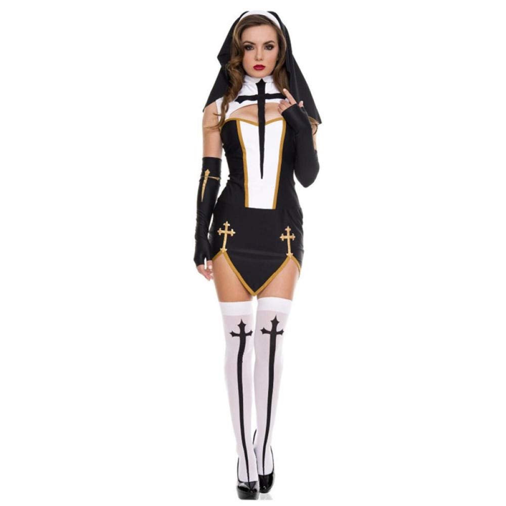 KHDFYER Step One Underwear Black White Sexy Nun Sister Costume Virgin Mary Nuns Costumes Adult Women Halloween Cosplay Party Dress+Hood+Gloves+Stockings-Black_L
