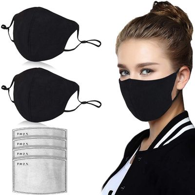 Cotton Face Masks Face Covers Carbon Filter Washable and Reusable Mouth Cover Outdoor Protective Clothing Bandanas (Black, 2Masks+4Filter)