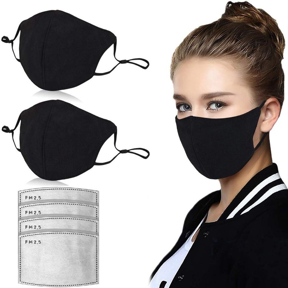 Cotton Face Masks Face Covers Carbon Filter Washable and Reusable Mouth Cover Outdoor Protective Clothing Bandanas (Black, 2Masks+4Filter)