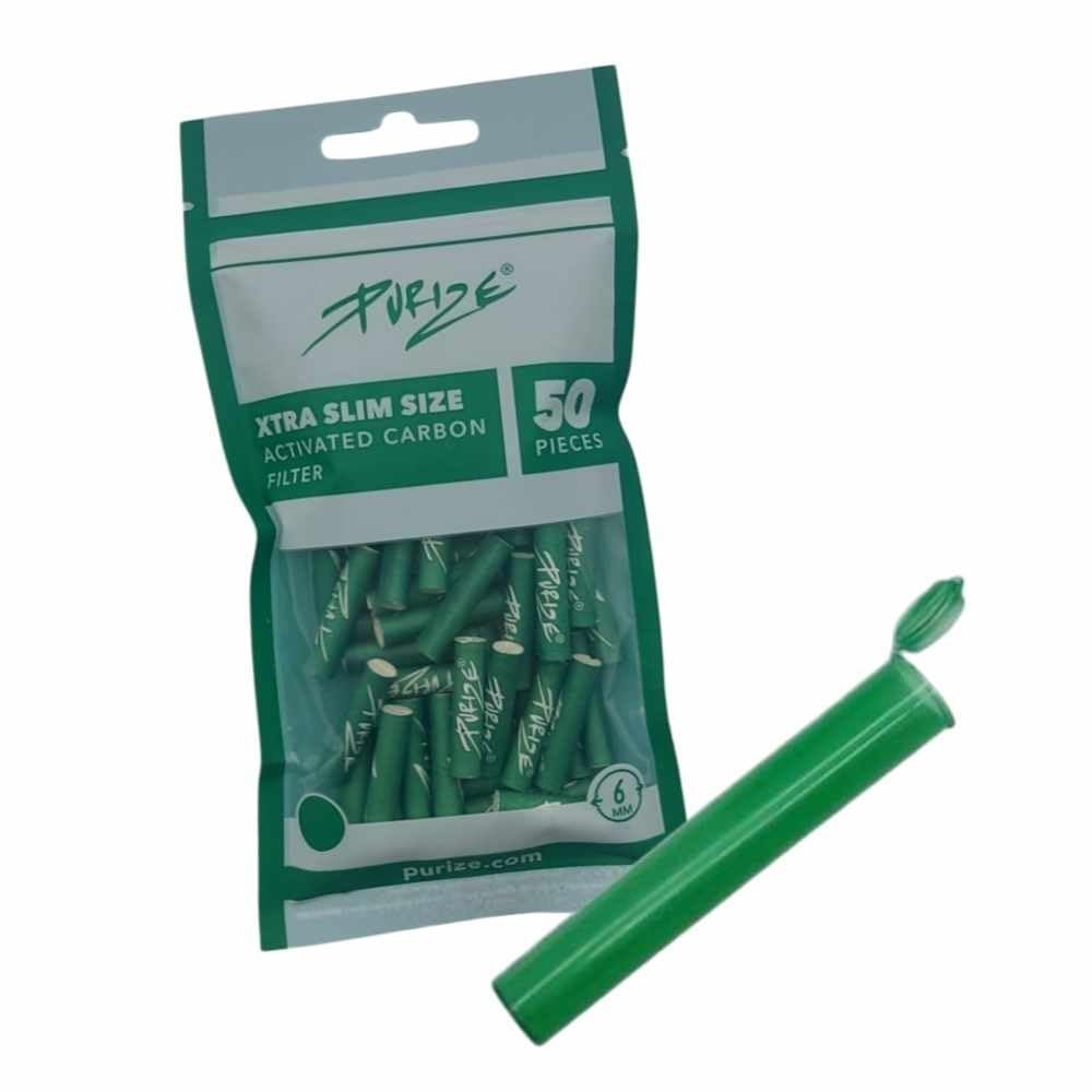 PURIZE Pack of 50 Xtra Slim Size Activated Carbon Filter 6 mm 2 Ceramic Caps, Choice of Colours + Joint Tube (Green)