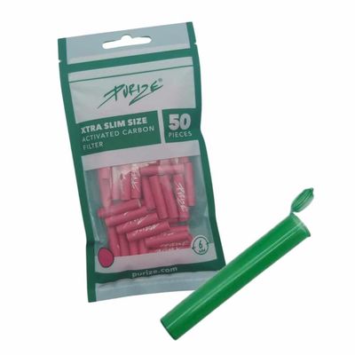 Pack of 50 Xtra Slim Size Activated Carbon Filter 6 mm 2 Ceramic Caps Assorted Colours + Joint Tube (Pink)