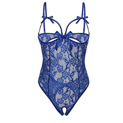 Floral Lace Exotic Bodysuit Women Hollow Spaghetti Strap Babydoll Open Crotch Bodystocking Body Encaje Mujer Women Sleepwear-Blue_XXXL