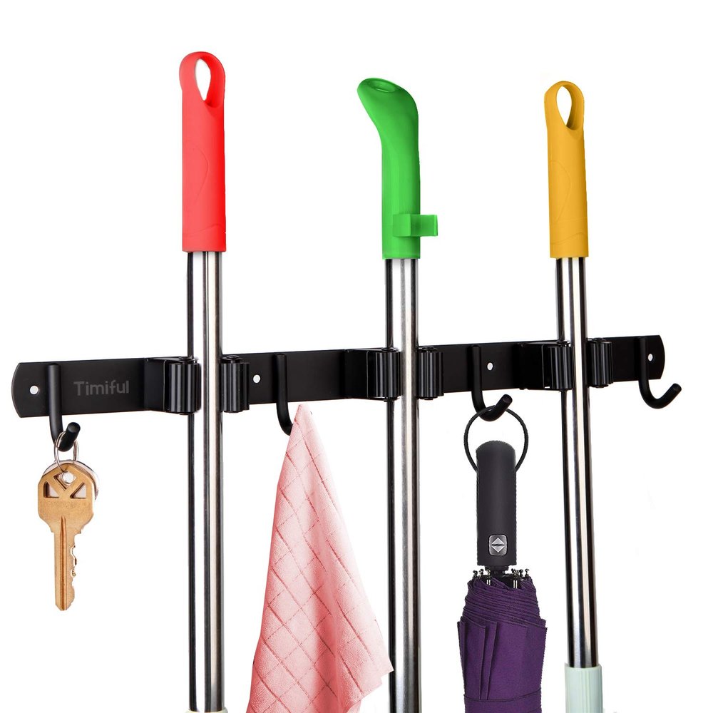 Timiful Broom Mop Holder Wall Mounted Storage Organizer 17'' with 3 Racks and 4 Hooks Utility Heavy Duty Tool Hanger for Garage Storage Kitchen Organization Closet Laundry Room Garden Office, Black