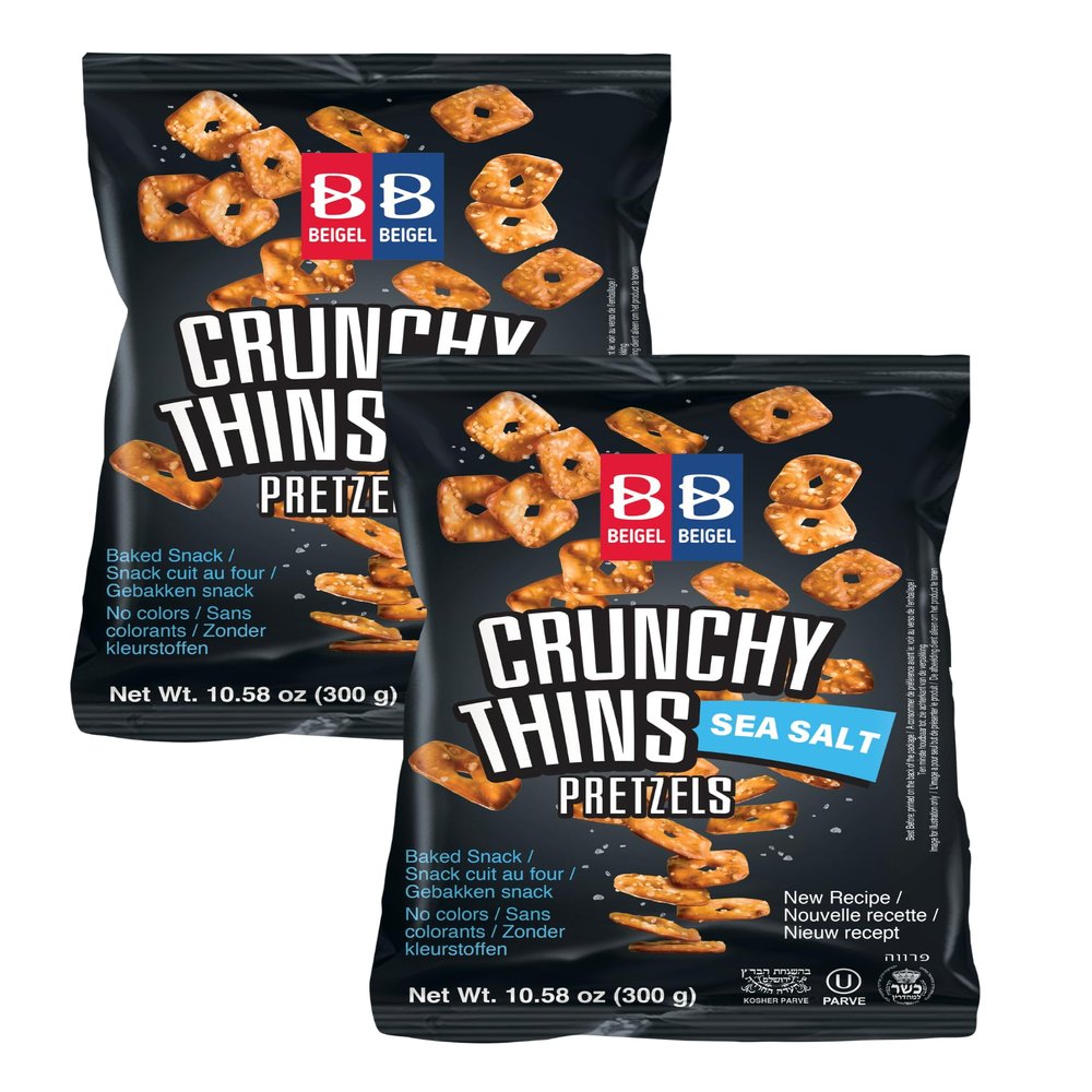 Beigel Beigel Crunchy Thins Pretzels - Sea Salt - Crispy and Crunchy - Baked not Fried, Kosher - 300g (2 pack)