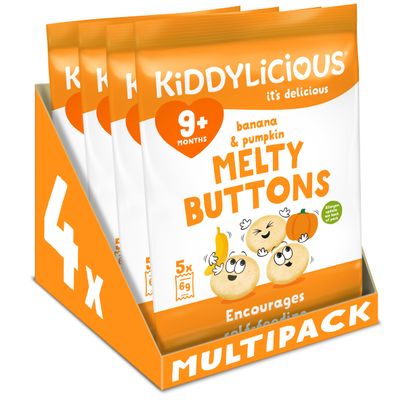 Kiddylicious Banana & Pumpkin Melty Buttons - Delicious Snacks for Kids - Suitable for 9+ Months - 4 Packs of 5 (20 Total)