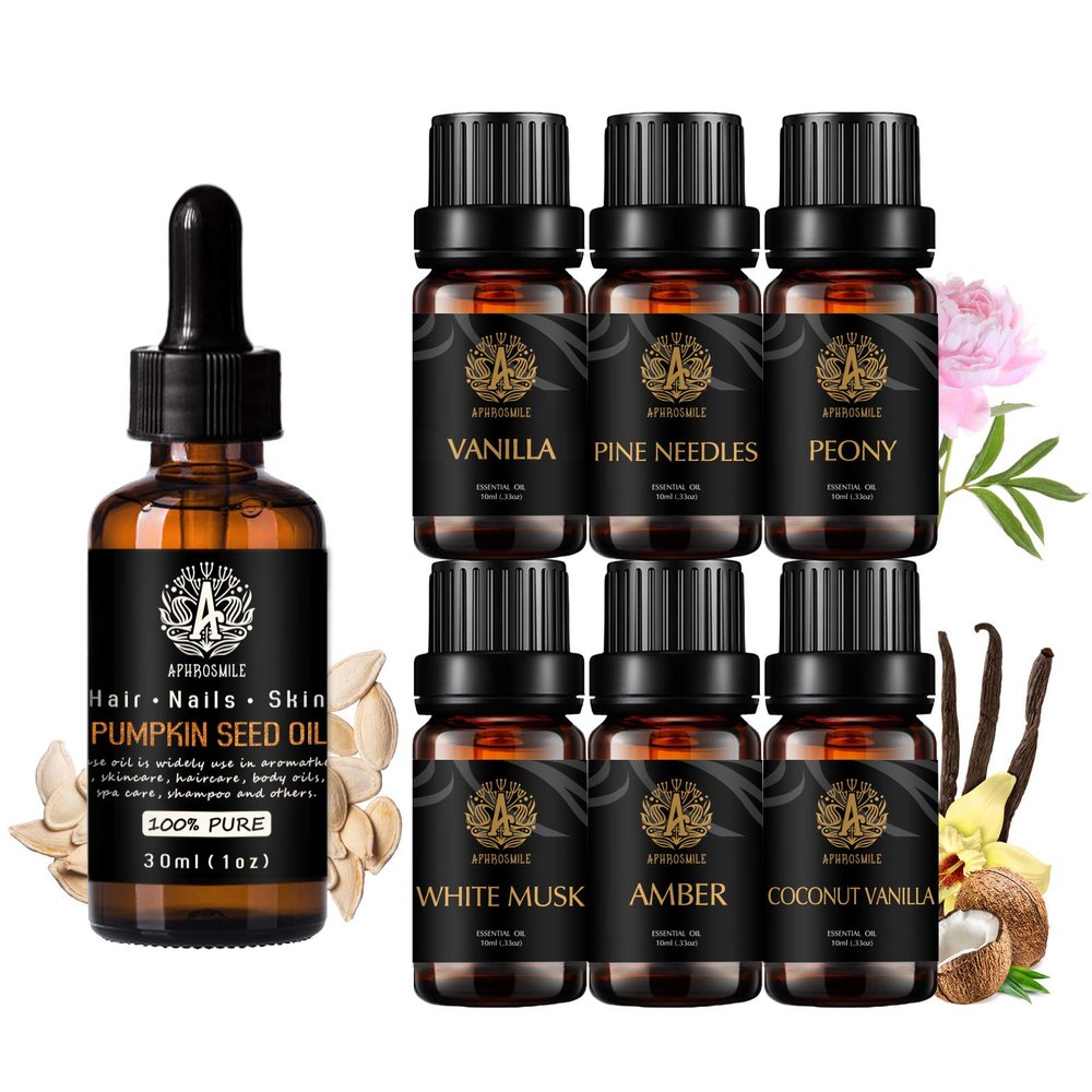 100% Pure Coconut Vanilla Essential Oil Set for Diffuser, 100% Pure Pumpkin Seed Essential Oil, 7x10ml Aromatherapy Amber Oils Set - Peony, Pine Needles, Vanilla, White Musk Oils for Massage