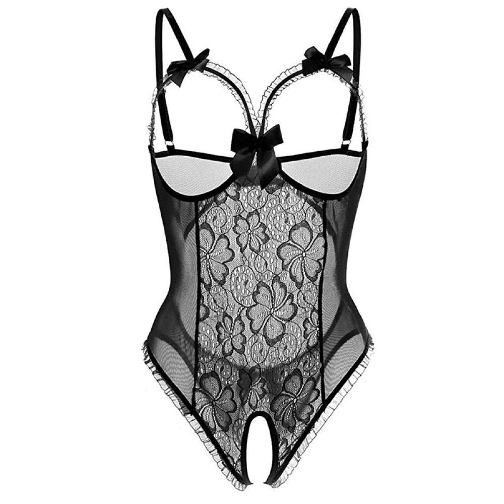 KHDFYER Lace Teddy Lingeries Open Cup Bowknot Sexy Body Koronkowe Women Crotchless See-Through Attractive One-Piece-Black Teddy_M