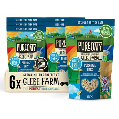 Glebe Farm Porridge Oats 6pk, Healthy Wholegrain Gluten Free For Slow Release Energy, 100% British, All-Natural & High In Fibre, Delicious Porridge With No Hidden Nasties, 6x 450g