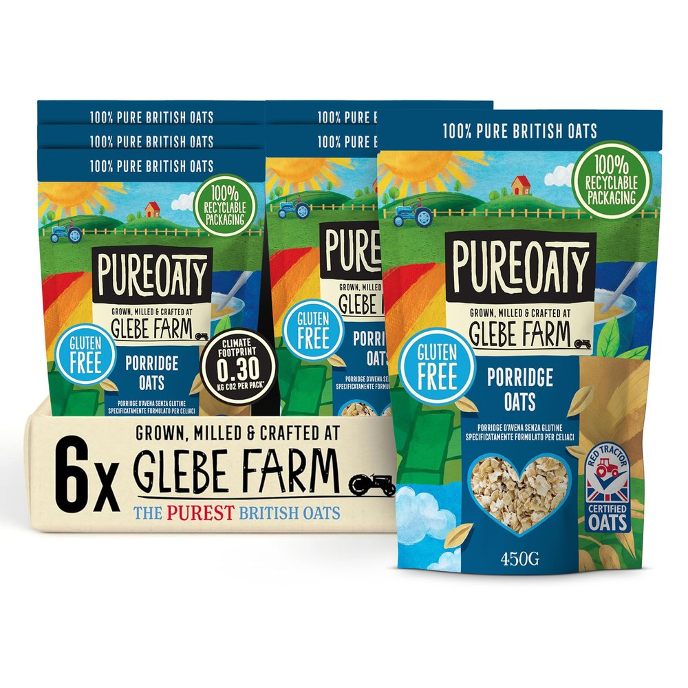 Glebe Farm Porridge Oats 6pk, Healthy Wholegrain Gluten Free For Slow Release Energy, 100% British, All-Natural & High In Fibre, Delicious Porridge With No Hidden Nasties, 6x 450g