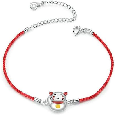 Bracelet Jewelry Lucky Cat Bracelet For Girl Adjustable Red String Rope Relationship Bracelets 925 Silver Jewelry Bijoux 21Cm