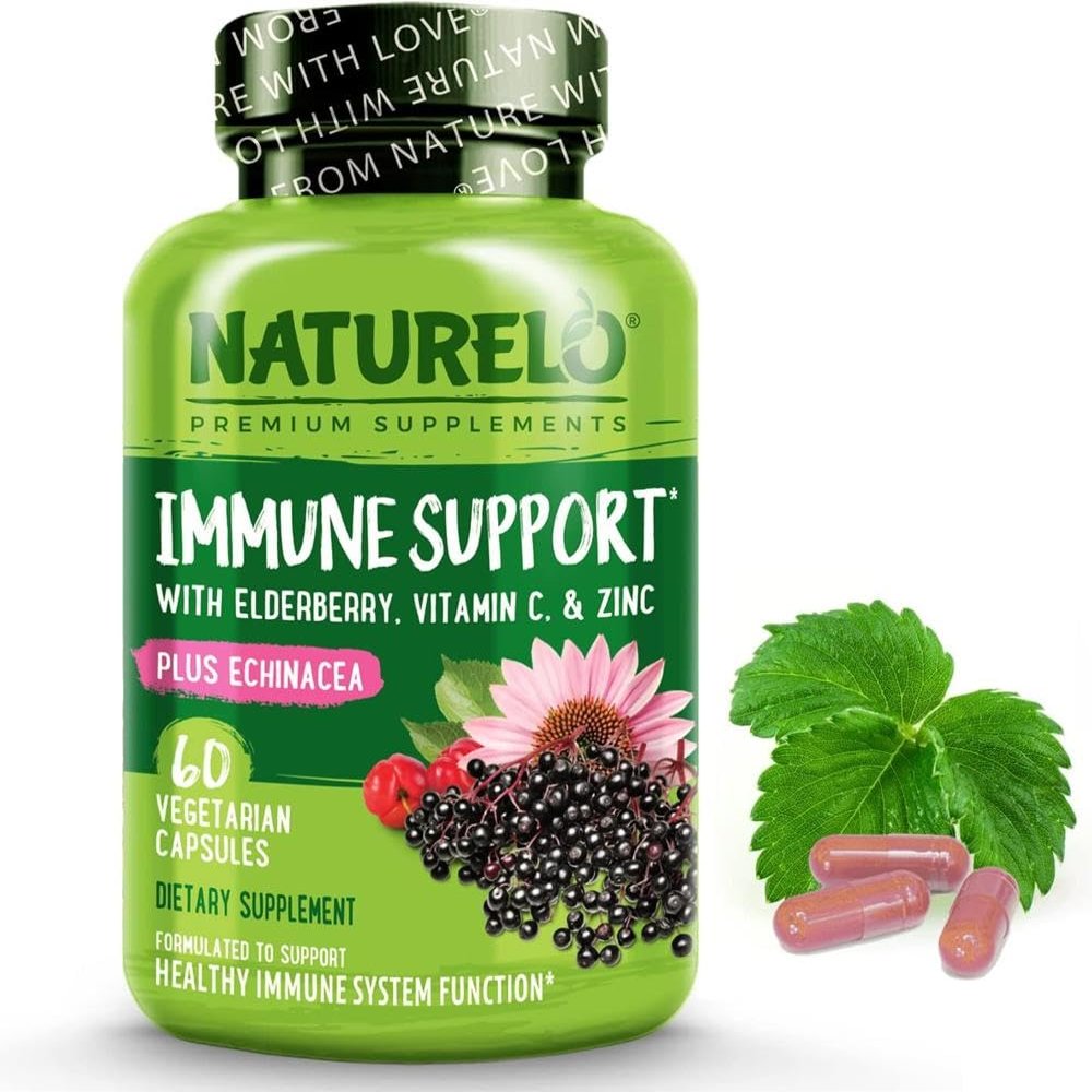 NATURELO Immune Support  Vitamin C, Elderberry, Zinc  Best Natural Vitamin C Boost with Antioxidant, Herbal & Mineral Defense - 60 Vegan Capsules | 2 Month Supply