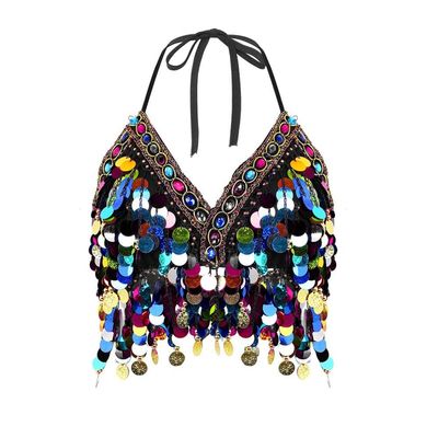 Lingerie for Sex Women Beaded Glitter Circle Tassels Back Tie Up Padded Chiffon Salsa Belly Dance Boho Festival Club Tribal Bra-Black_M