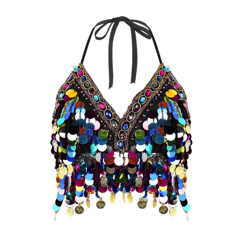 Lingerie for Sex Women Beaded Glitter Circle Tassels Back Tie Up Padded Chiffon Salsa Belly Dance Boho Festival Club Tribal Bra-Black_M