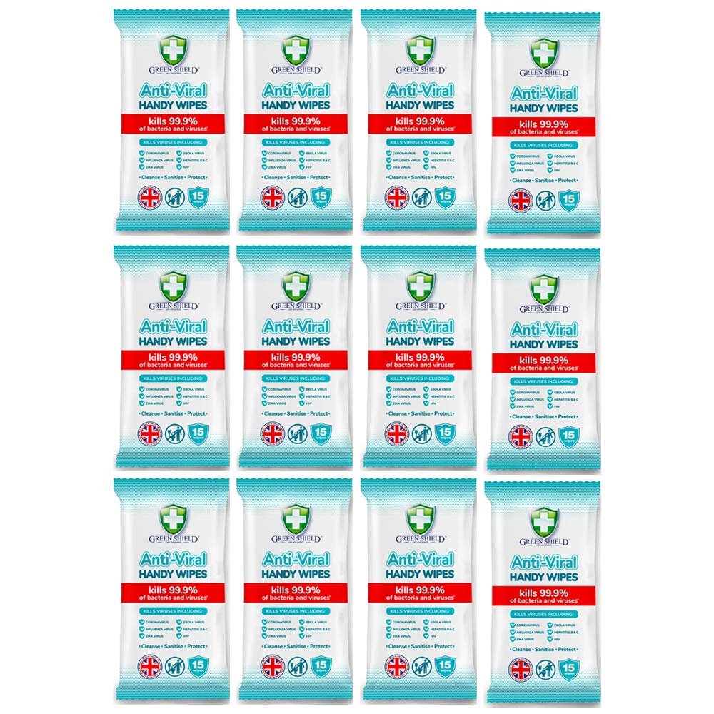 GreenShield Anti-Viral Handy Wipes 15's Kills 99.9% of Bacteria (12 Pack)