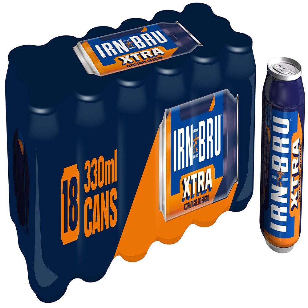 IRN-BRU Xtra No Sugar Fizzy Drink Cans, XTRA Taste No Sugar, 330ml, 18 Cans