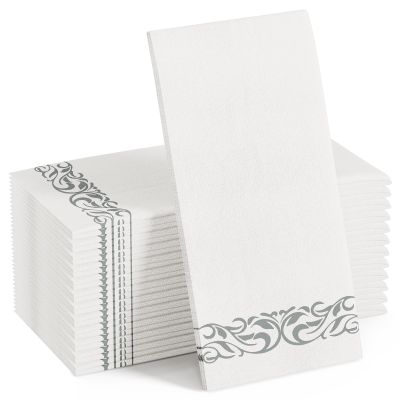 [100 Pack] Disposable Bathroom Napkins, Single-Use Guest Towels, Soft and Absorbent Linen-Feel Paper Hand Towels for Kitchen, Parties, Weddings, Dinners or Events, Silver