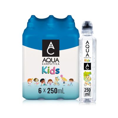 AQUA Carpatica Kids 250ml x 6 - Pure Natural Still Mineral Water for Children with Spill-Proof Sippy Cap, Virtually Nitrate-Free, Low Sodium, Naturally Alkaline, Perfect for Lunchboxes,100% Recyclable