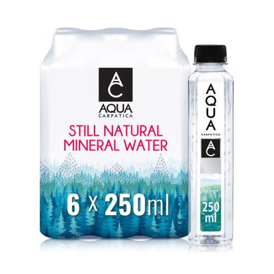 AQUA Carpatica 250ml x 6 Pure Natural Still Mineral Water - 6-Pack Bottled Water, Virtually Nitrate Free, Low Sodium, Naturally Alkaline, Natural Electrolytes, Premium Multipack 100% Recyclable