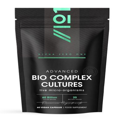 Bio Cultures Complex Probiotics - 60 Billion CFU - 20 Live Bacterial Cultures - 60 Vegan Capsules for Women & Men - Lactobacillus Acidophilus, Gasseri, Rhamnosus & Reuteri - By Alpha01
