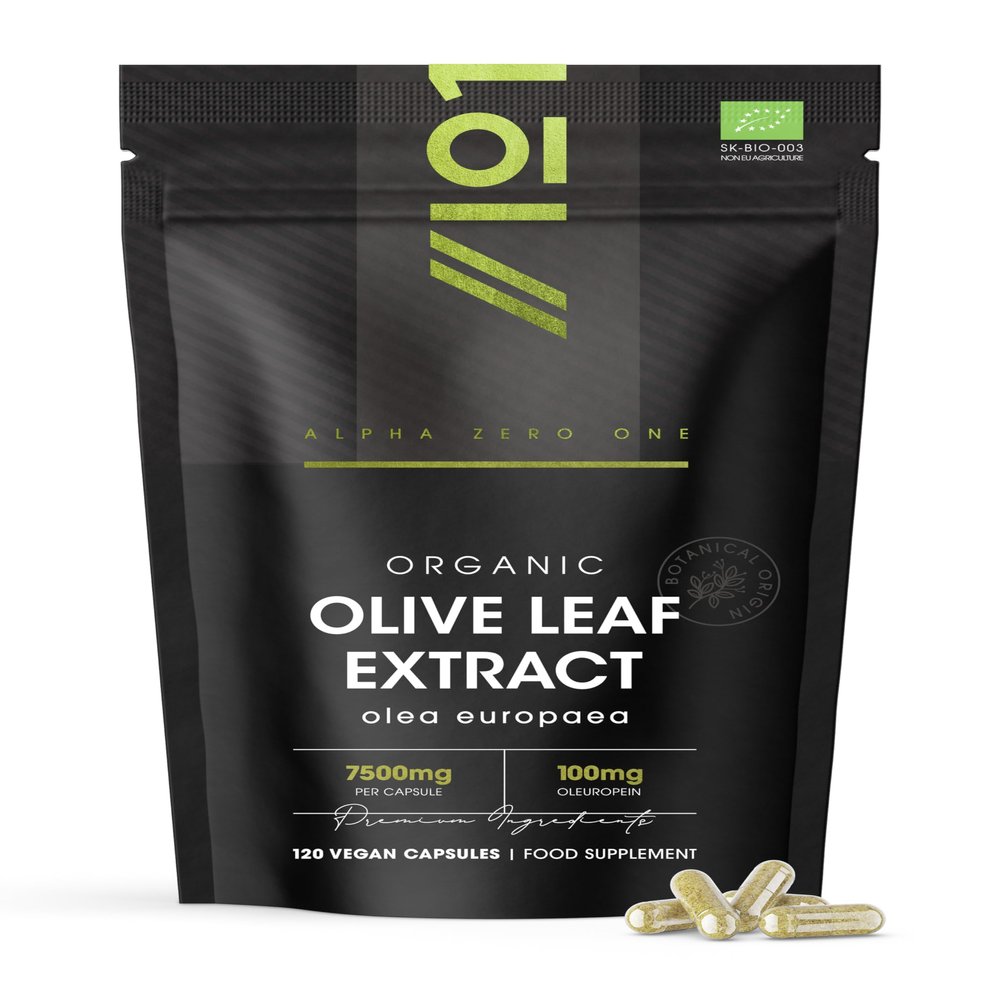 Organic Olive Leaf Extract Capsules 7500mg - 20% Oleuropein 120 Vegan Capsules - Resealable and Recyclable Pouch by Alpha01