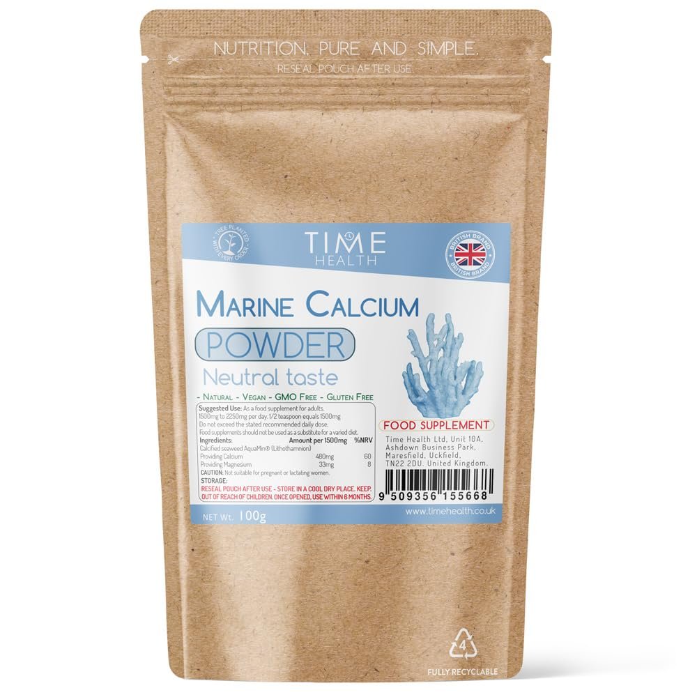 Marine Calcium and Trace Minerals 100g Powder Neutral Taste AquaMin Red Alga Lithothamnium calcareum GMP UK Made - Zero Additives (100g Pouch)