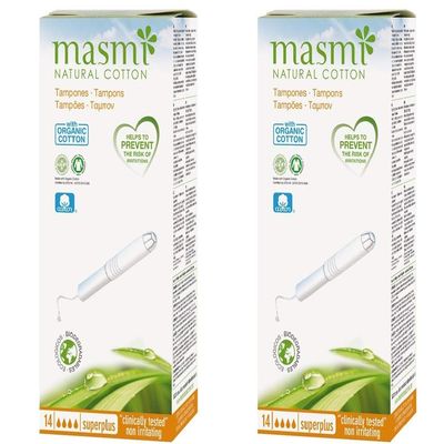 14 Masmi Super Plus Applicator Tampons Certified Organic Cotton, Hypoallergenic, Biodegradable, Perfume, Viscose, Rayon, Chlorine and Dioxin Free (Twin Pack)