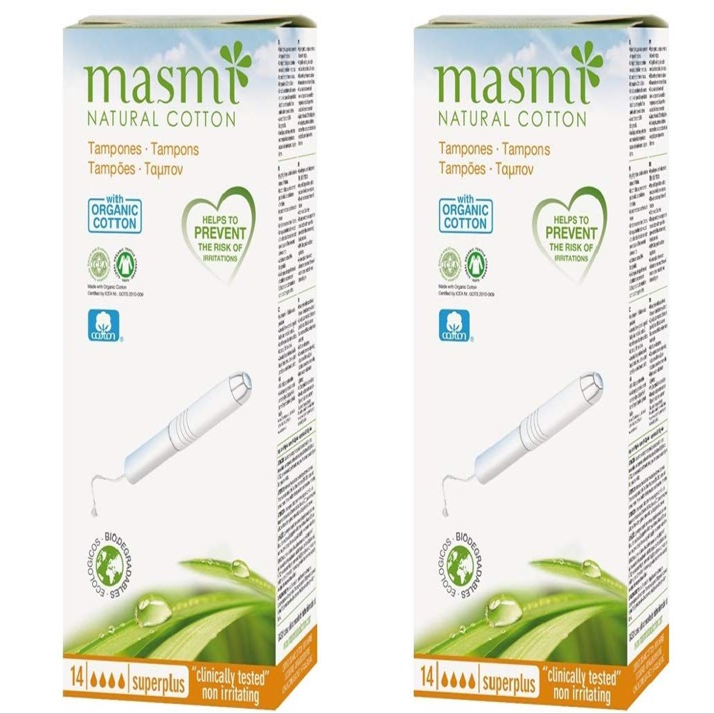 14 Masmi Super Plus Applicator Tampons Certified Organic Cotton, Hypoallergenic, Biodegradable, Perfume, Viscose, Rayon, Chlorine and Dioxin Free (Twin Pack)