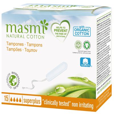 15 Masmi Super Plus None Applicator Tampons Organic 100% Biodegradable, Hypoallergenic, Perfume Viscose Rayon Chlorine and Dioxin (Single Pack)